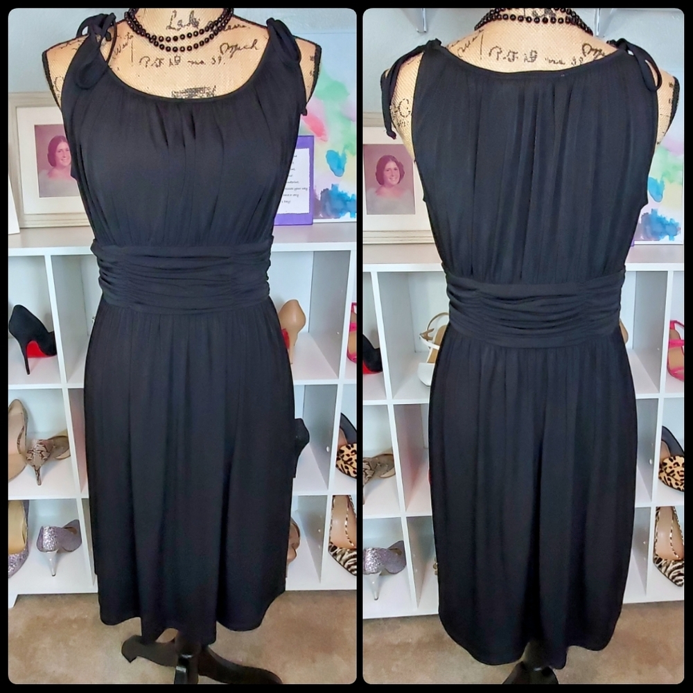 Studio AA Little Black Dress Cinched Waist Midi Dress Size M